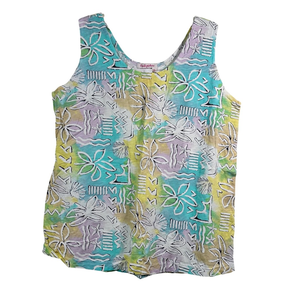 Fresh Produce Coconut Point Boca Tank Top White Multi Tropical Floral Large NEW
